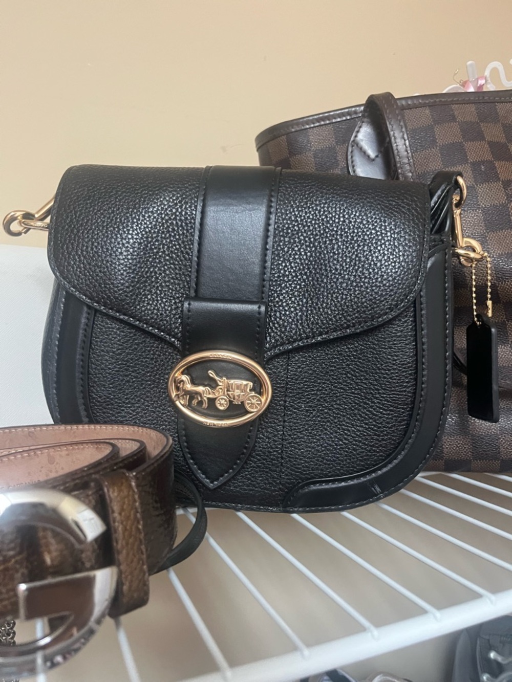 Coach Black Pebbled Leather Saddle Crossbody with Gold Coach Emblem